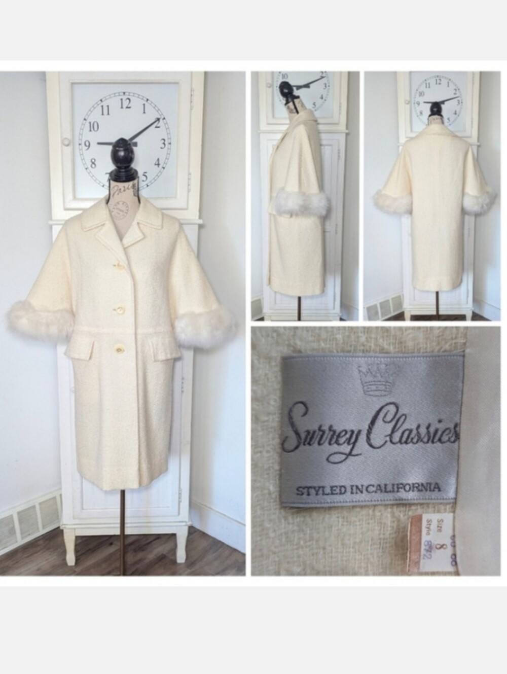 Vintage Knit Weave Coat with Faux Fur Trim